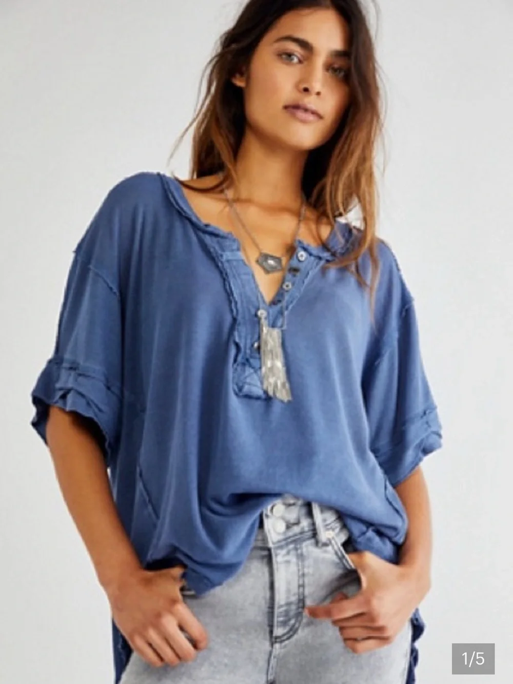 Free People Heritage Henley Size XS Oversized Top Blue